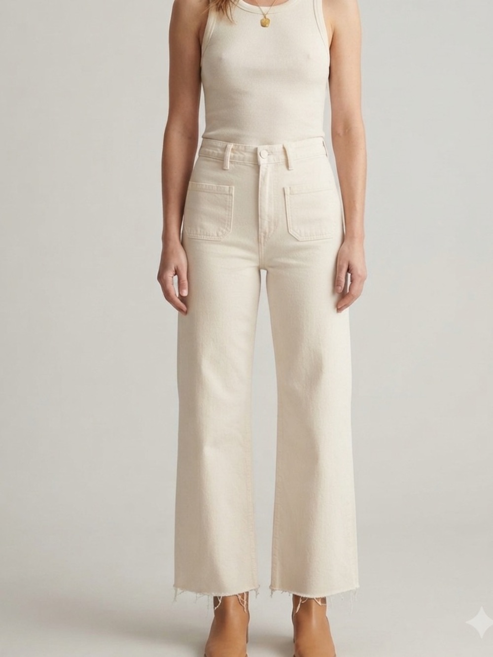 Zara Sz 4 Off White Saylor Wide Leg Ankle Lenght Raw Hem Jeans